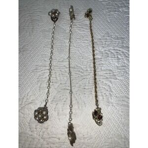 3 Vintage Sweater Guard Clip Faux Pearl Rhinestone Chain Dangle Cardigan Clip